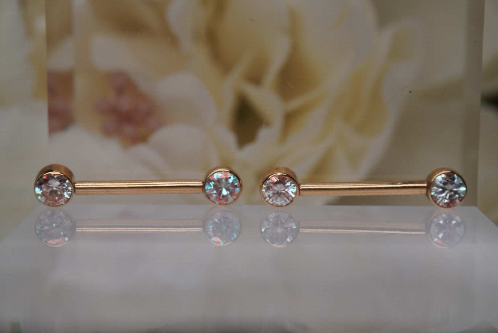 Pair of Iridescent Crystal Barbells in Yellow Gold