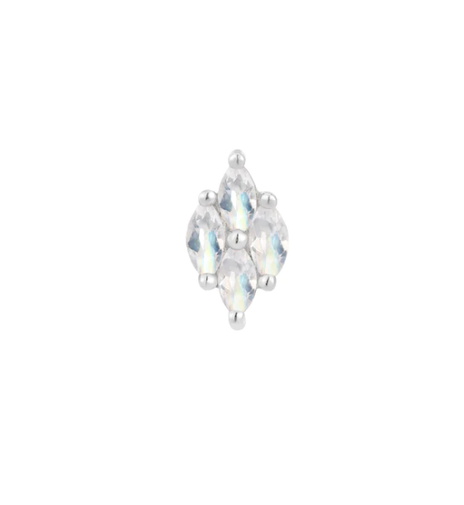 Stock image of Buddha Jewelry’s “Dream On” in 14k white gold, showing its clustered rainbow moonstones and soft iridescent glow.