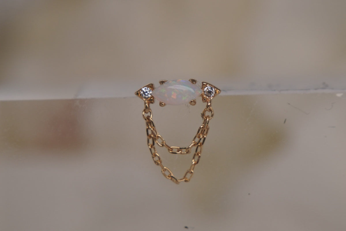 Buddha Jewelry Organics 14k GOLD 9x7mm "Limitless” with a double chain dangle with a Genuine Australian Opal in yellow white and rose gold