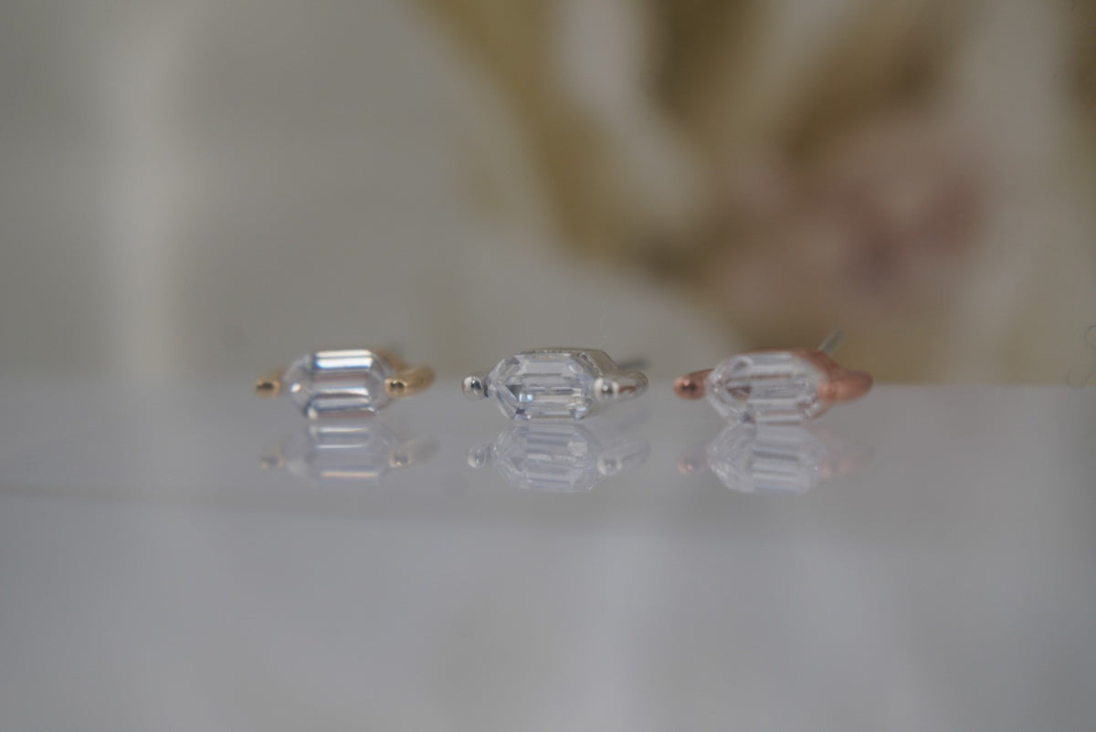 Buddha Jewelry Organics 14k 2x5mm "Oh! My My" THREADLESS with Crystal Yellow gold white gold rose gold angled view
