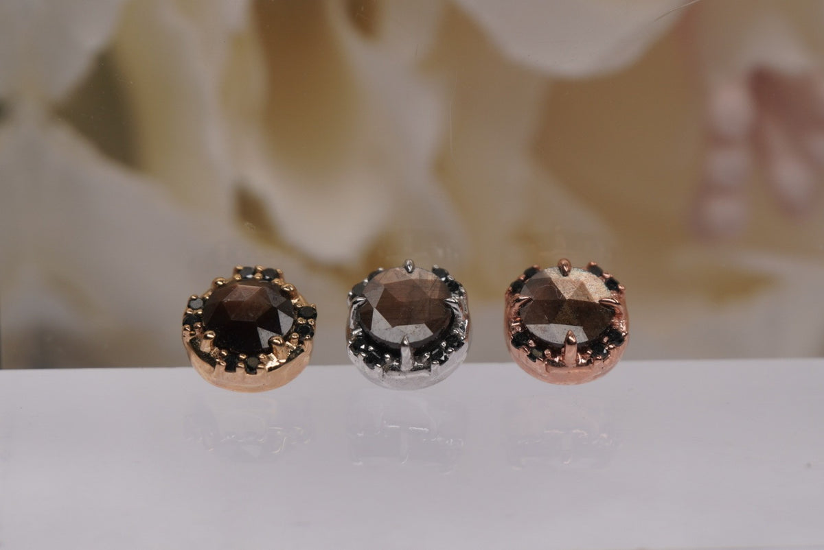 The Galaxia is a stunning prong setting with a custom rose-cut Zawadi Sapphire surrounded by eight 0.8mm genuine black diamonds threadless Yellow gold white gold rose gold