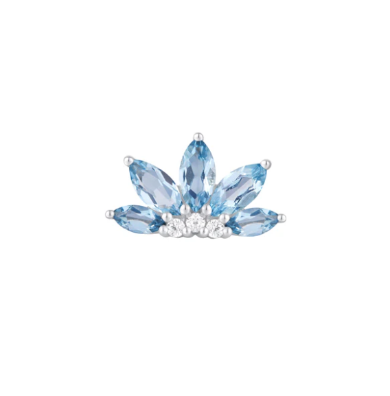 Buddha Jewelry Organics 14k 5.8x10mm "Valentina" with London Blue Topaz and Crystals. THREADLESS in white gold stock image