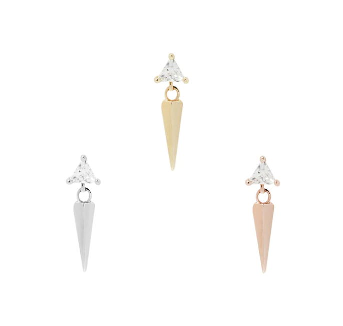 Buddha Jewelry Organics 14k 3.5x10mm "Saint" dangle with Crystals THREADLESS in yellow white and rose gold stock image