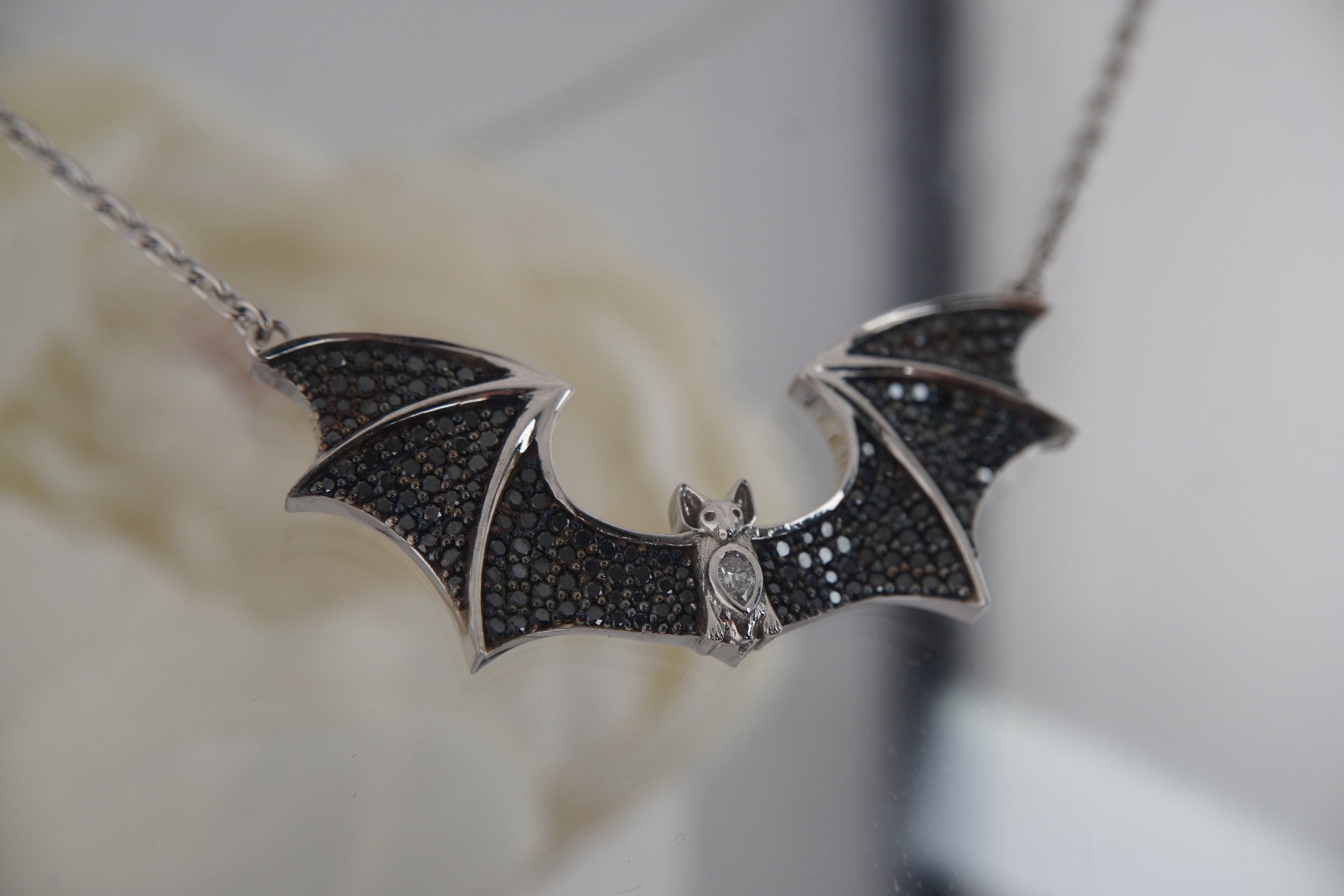 Sid the Bat Necklace with Genuine Black and White Diamonds