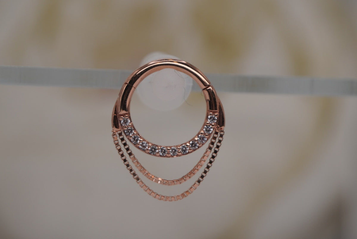 Buddha Jewelry Organics 14k GOLD 16g 5/16" "Tempeste" Clicker with crystals with a double box chain daith septum piercing rose gold