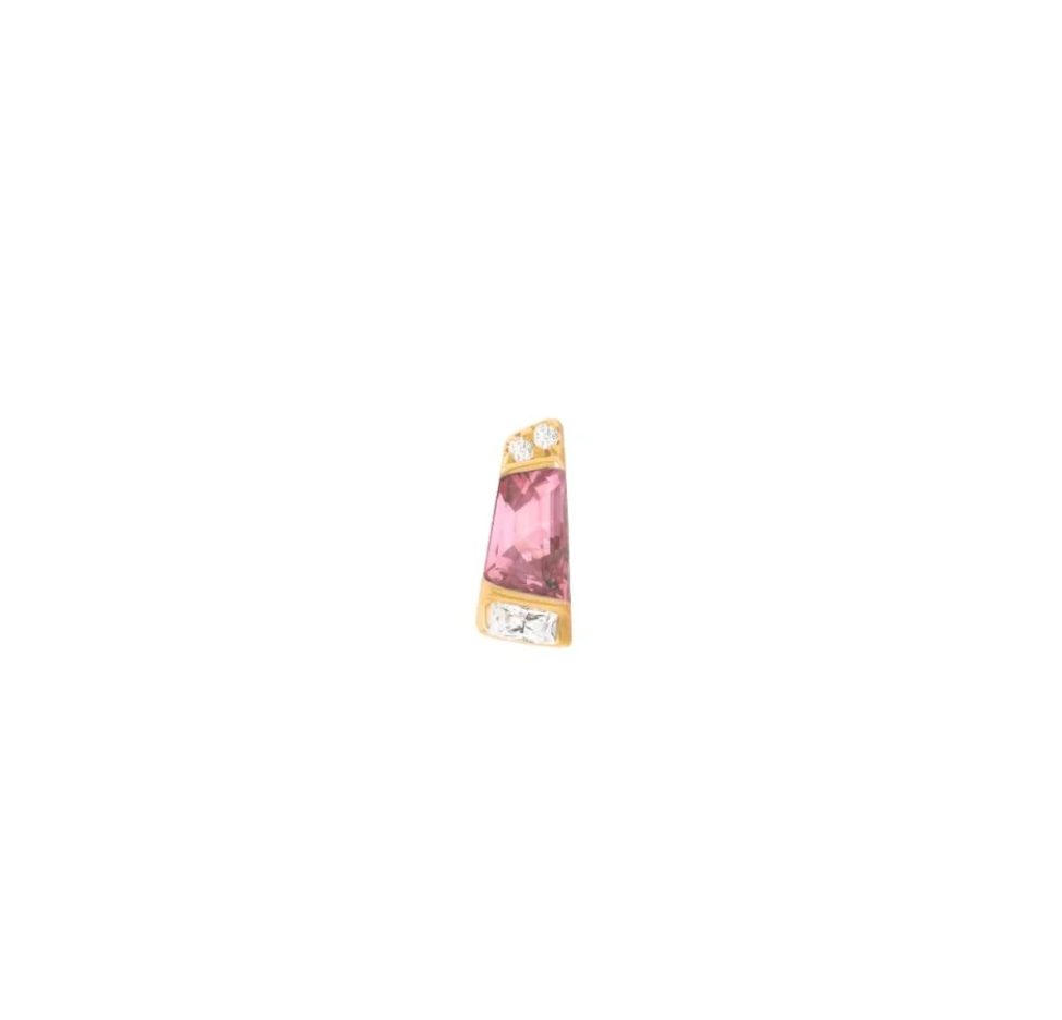 Stock image of Buddha Jewelry’s “Saboteur” with Pink Tourmaline in 14k yellow gold, showing its rosy gemstone and sculptural crystal-accented design.