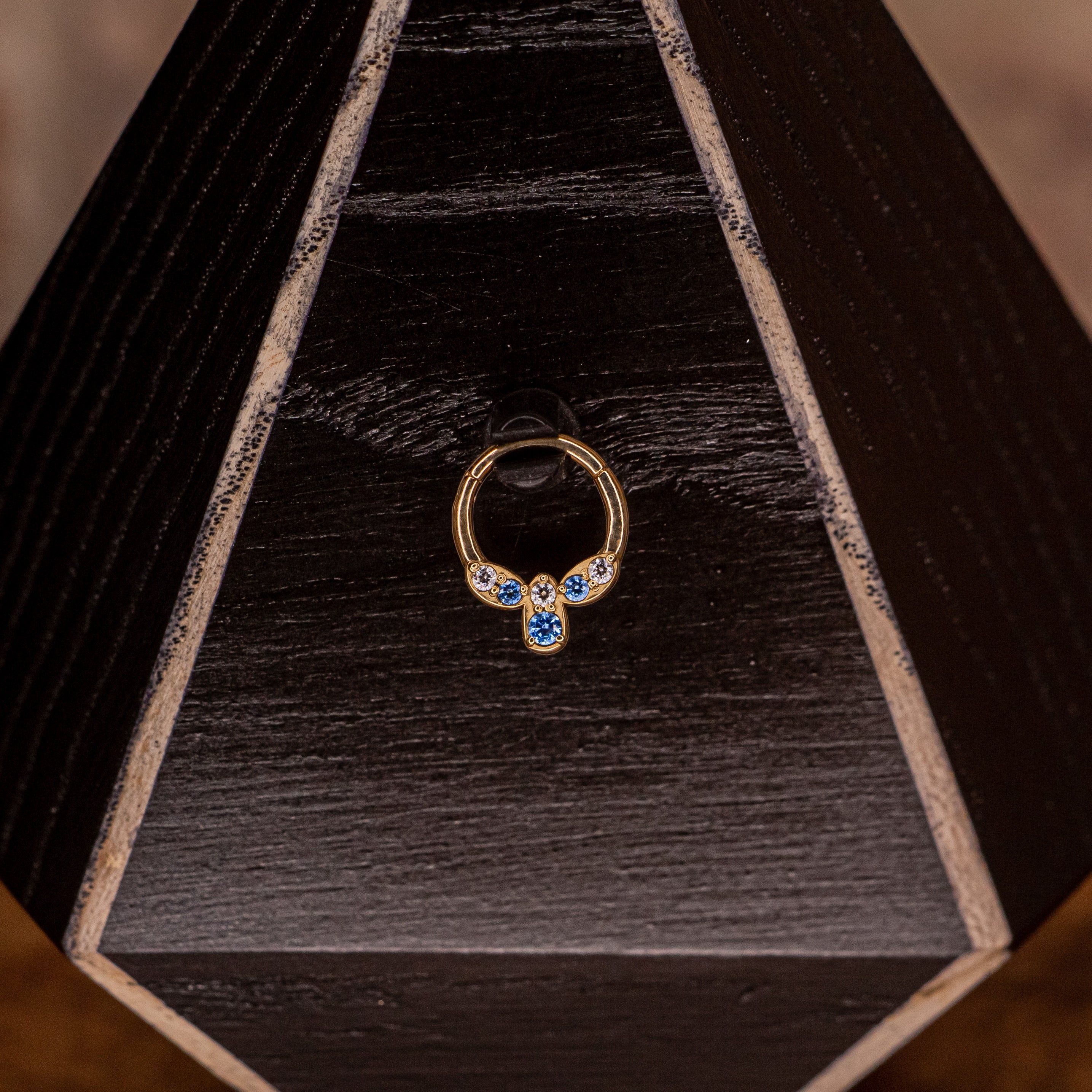 Yellow Gold Clicker with Blue & White Crystals