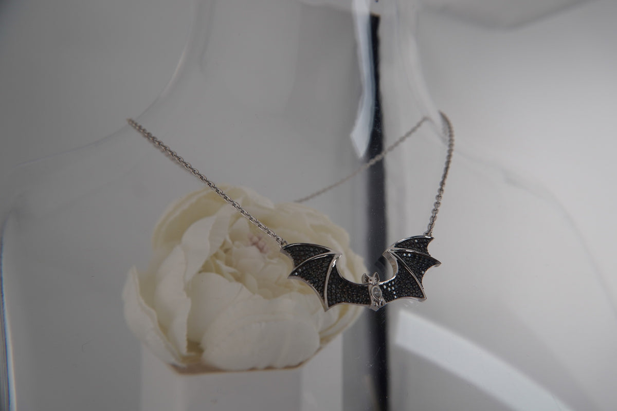 Sid the Bat Necklace with Genuine Black and White Diamonds White Gold