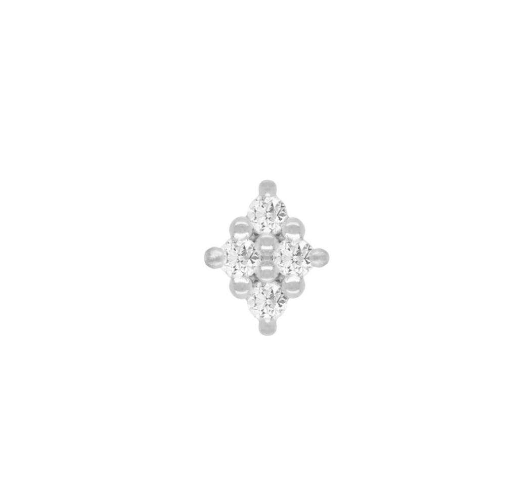 Stock image of Buddha Jewelry’s “Belle” in 14k white gold, showing four round-cut crystals secured with white center prongs.