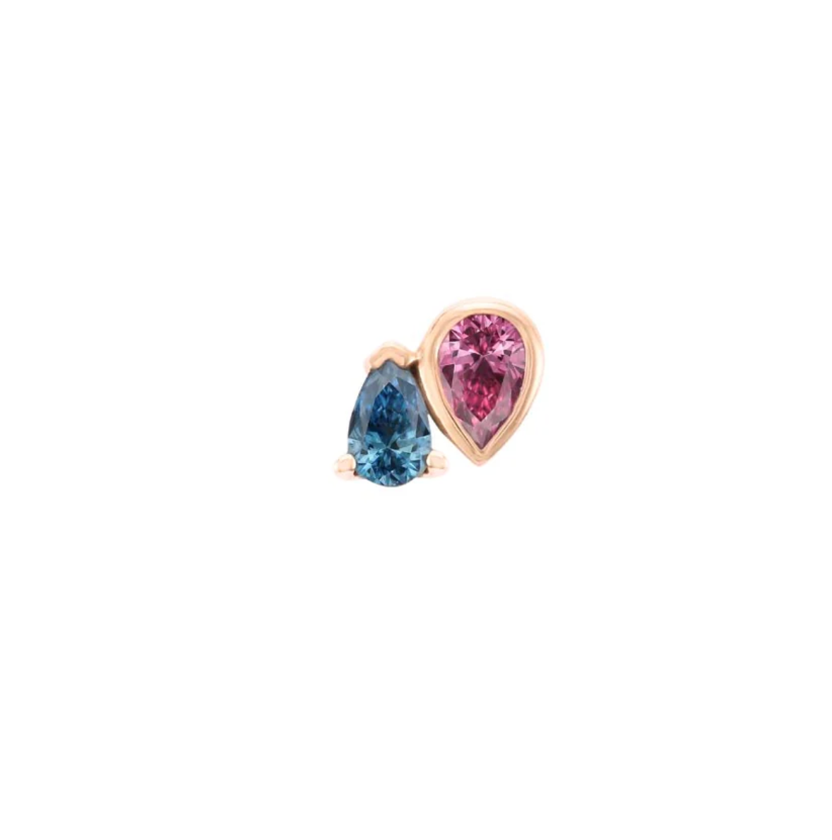 Stock image of Buddha Jewelry’s “Era” in 14k rose gold, showing its side-by-side pink and blue pear-cut gemstones.