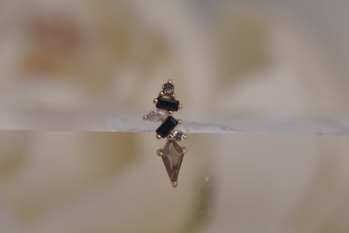 Buddha Jewelry Organics 14k 3.5x9.5mm "Mixt" with Smokey Quartz and Black Spinel. THREADLESS in yellow gold