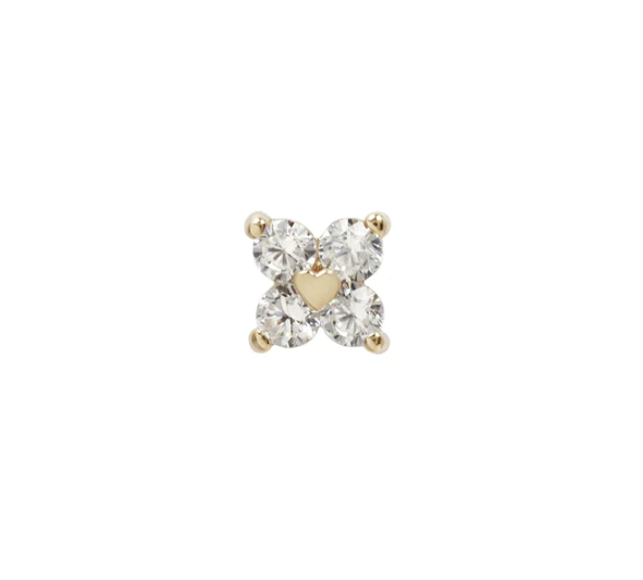 Stock image of Buddha Jewelry’s “Corazon” in 14k yellow gold, showing its four sparkling crystals and central heart accent.