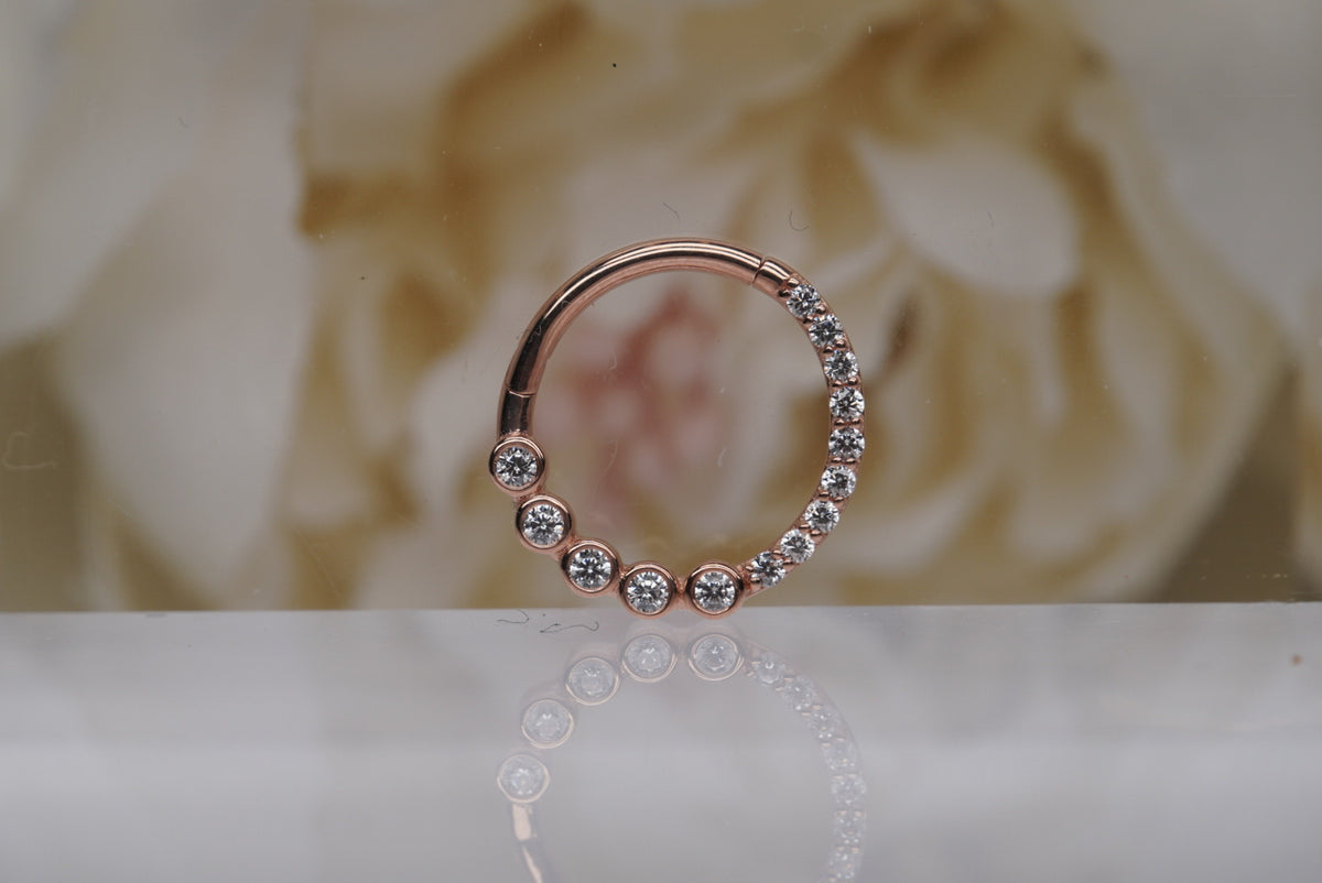Ember 14k "Front Row" 16g 3/8" Clicker crystals in rose gold daith septum piercing