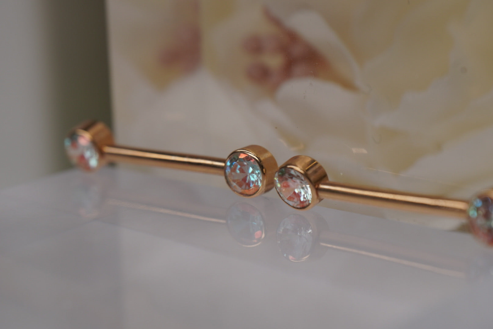 Pair of Iridescent Crystal Barbells in Yellow Gold