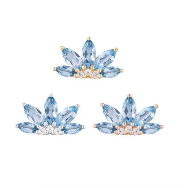 Buddha Jewelry Organics 14k 5.8x10mm "Valentina" with London Blue Topaz and Crystals. THREADLESS in yellow white and rose gold stock image