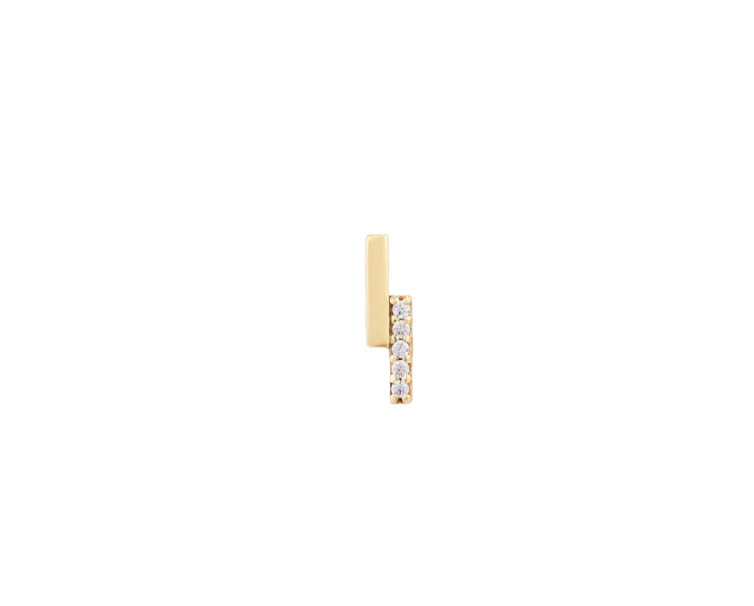 Stock image of Buddha Jewelry’s “Encore” in 14k yellow gold, showing its polished bar, crystal line, and asymmetrical design.