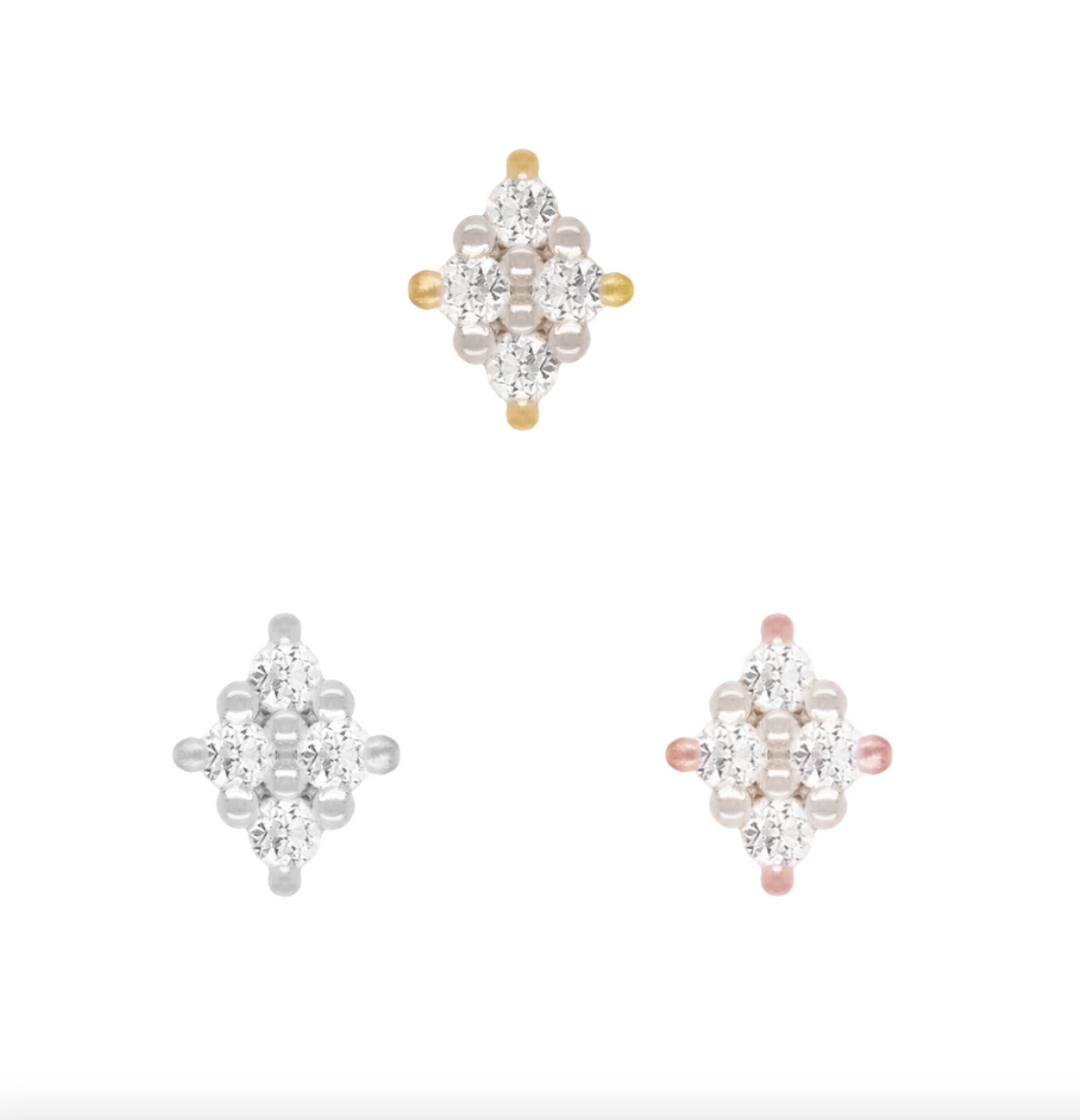 Stock image of Buddha Jewelry’s “Belle” in 14k yellow, white, and rose gold, featuring diamond-shaped clusters of four round-cut crystals.