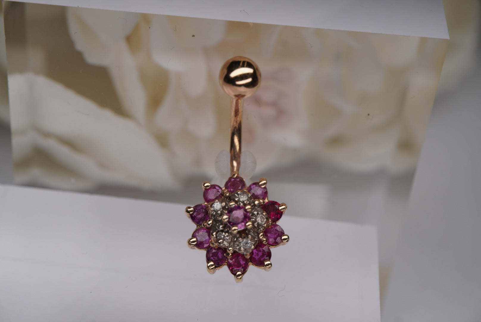 Garnet & GENUINE Diamonds Flower in Yellow Gold Navel 14g 7/16"