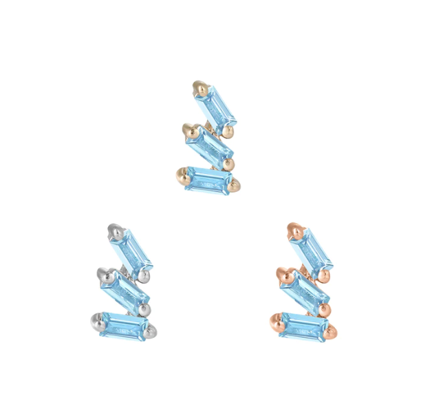 Buddha Jewelry Organics 14k 2.5x5mm "Staxx" THREADLESS with blue topaz Yellow gold white gold rose gold stock image