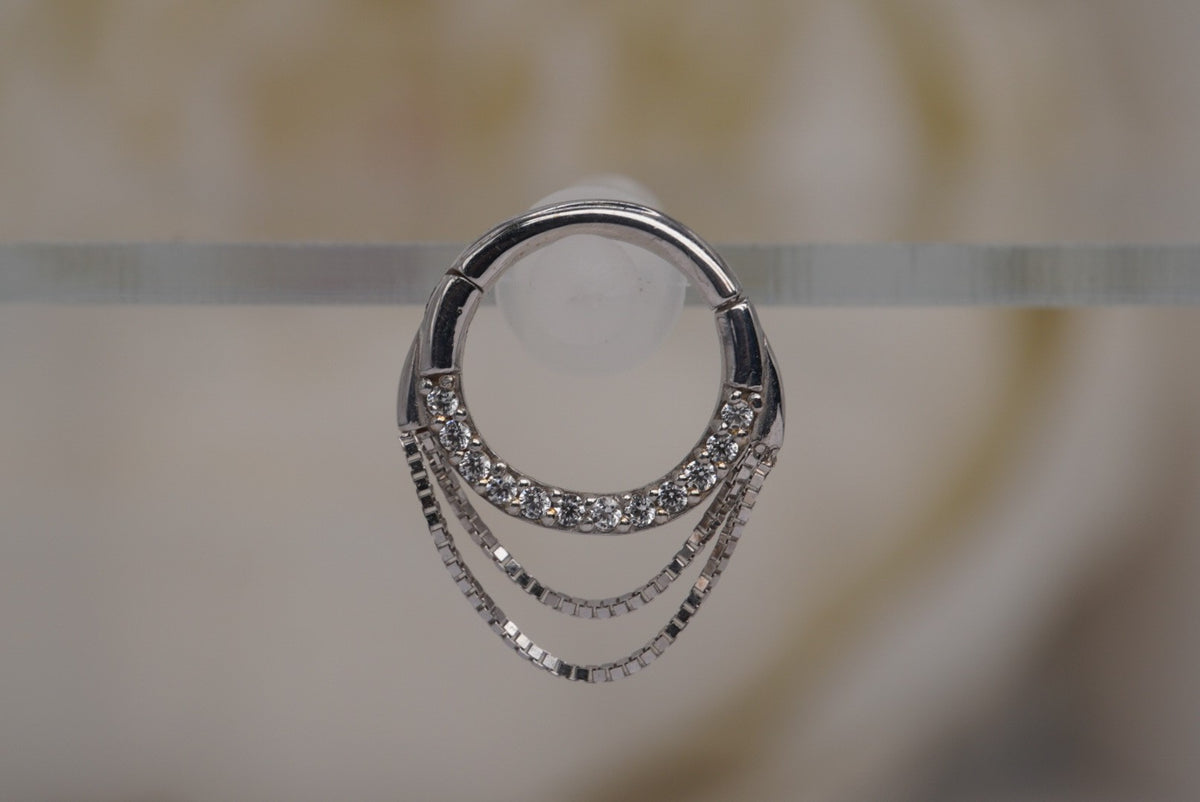 Buddha Jewelry Organics 14k GOLD 16g 5/16" "Tempeste" Clicker with crystals with a double box chain daith septum piercing white gold