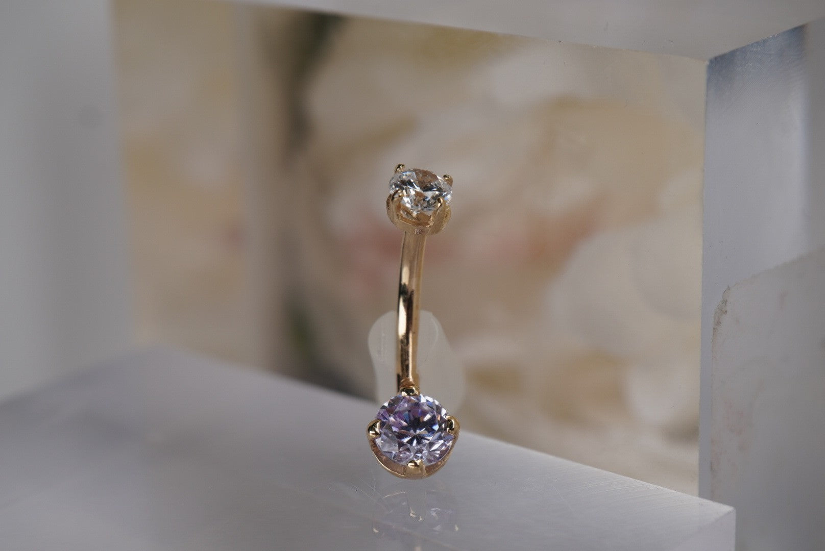 Prong Navel with White and Lavender Crystals in Yellow Gold 14g 3/8"