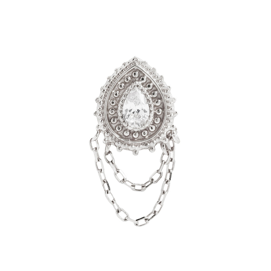 Stock image of Buddha Jewelry’s “Deity” in 14k white gold, showing its luminous crystal, intricate teardrop-inspired goldwork, and chain drapes.