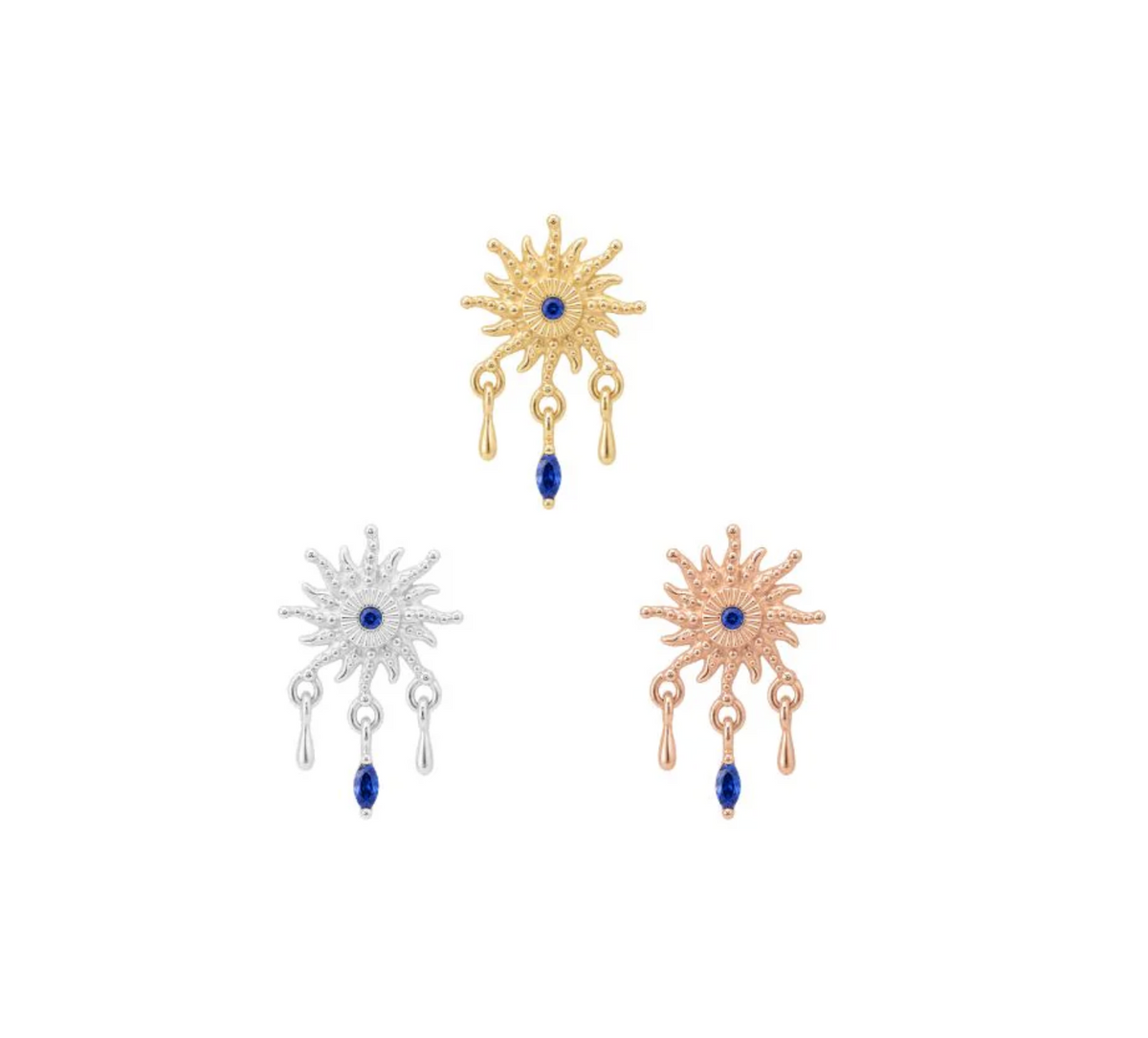 3 White, yellow, and rose gold round-cut lab-grown blue sapphire is paired with a marquise-cut sapphire at the center threadless ends