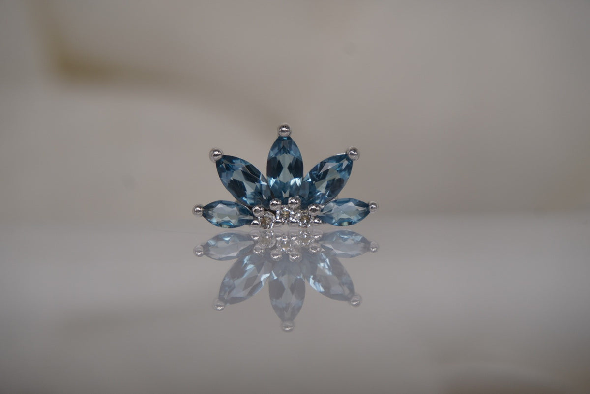 Buddha Jewelry Organics 14k 5.8x10mm "Valentina" with London Blue Topaz and Crystals. THREADLESS in white gold