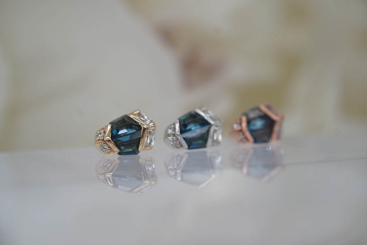 Buddha Jewelry 14k Gold "Vera" london blue topaz threadless in yellow gold white gold rose gold angled