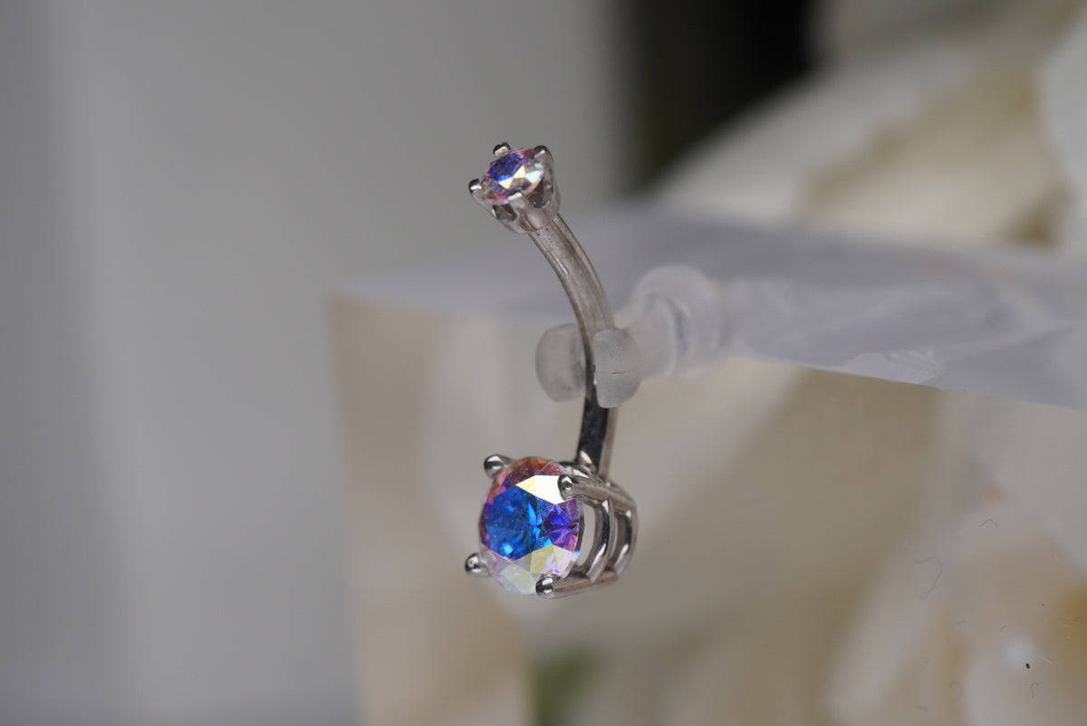 Aurora Borealis Prong Navel in White Gold angled view