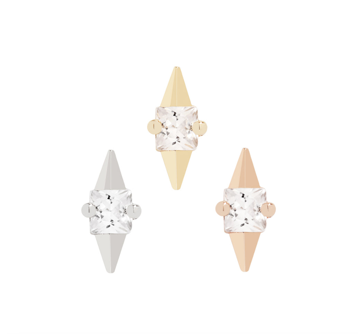Stock image of Buddha Jewelry’s “Elemental” in 14k yellow, white, and rose gold, featuring square-cut crystals framed by sharp gold tips.