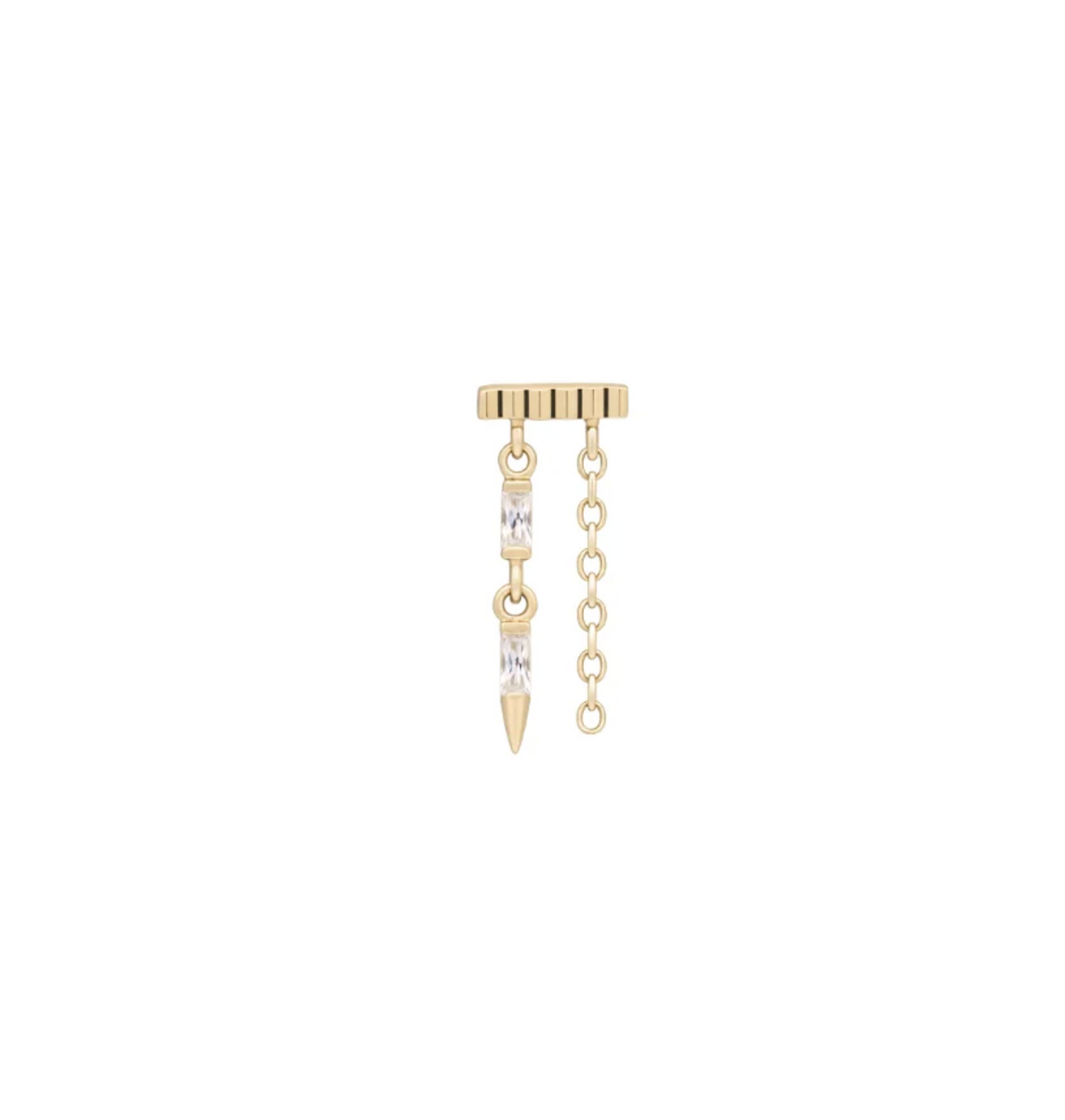 Stock image of Buddha Jewelry’s “Double Vision” in 14k yellow gold, showing its textured bar, vertical crystals, pointed spike, and fine side chain.