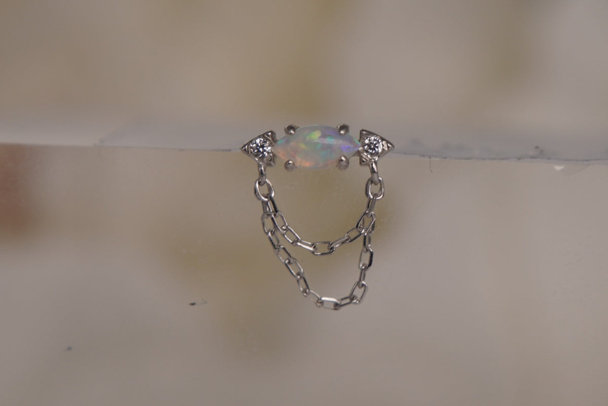 Buddha Jewelry Organics 14k GOLD 9x7mm "Limitless” with a double chain dangle with a Genuine Australian Opal in white gold