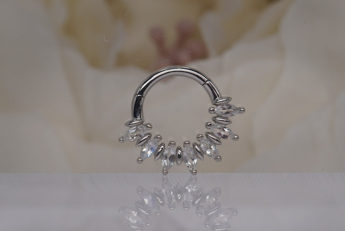 Buddha Jewelry 14k gold "Purpose" clicker in 16g 5/16" with Rainbow Moonstones in white gold septum daith piercing