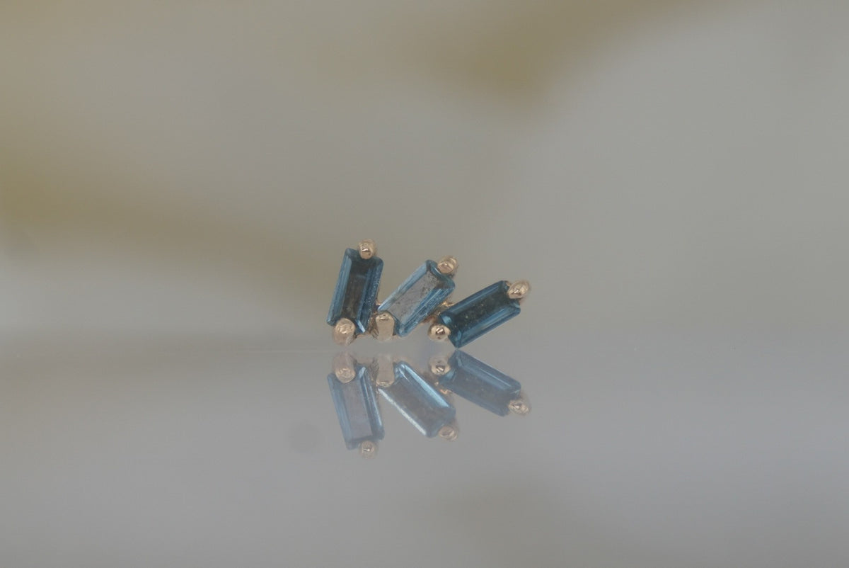 Buddha Jewelry Organics 14k 2.5x5mm "Staxx" THREADLESS with blue topaz yellow gold