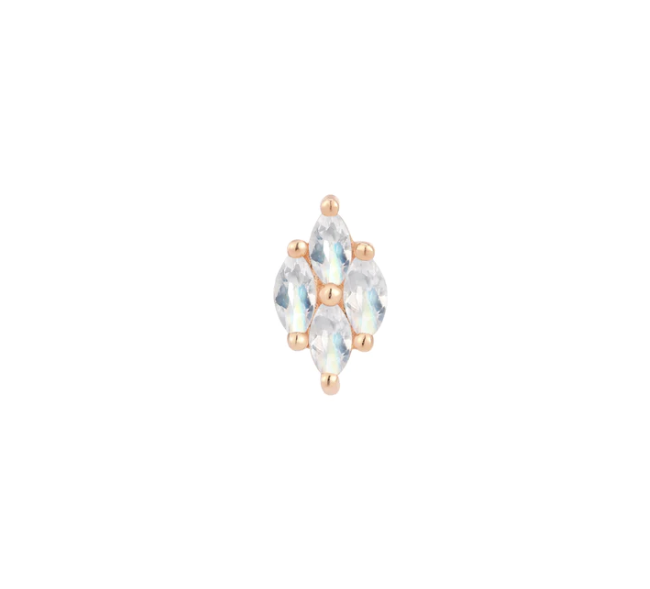 Stock image of Buddha Jewelry’s “Dream On” in 14k rose gold, showing its clustered rainbow moonstones and soft iridescent glow.