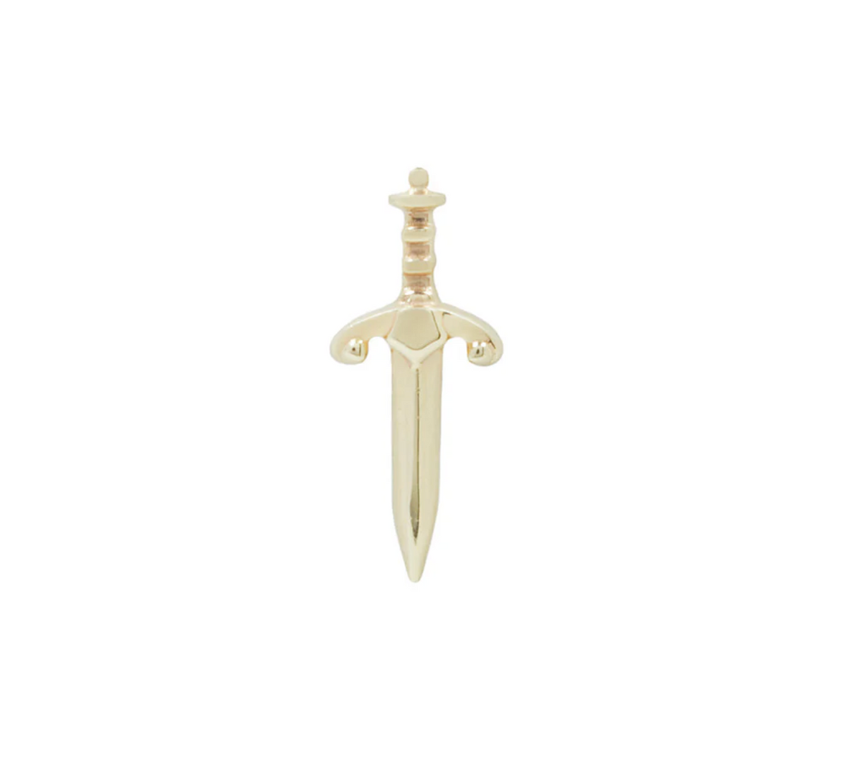 Stock image of Buddha Jewelry’s “Blade” in 14k yellow gold, showing its elongated sword silhouette and sculptural details.