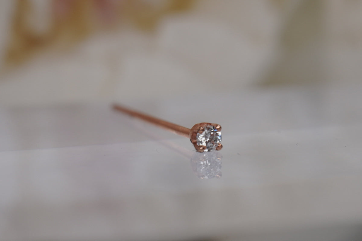 14k Solid Gold 20g  Nostril Screw with a 2mm white crystal in a prong setting