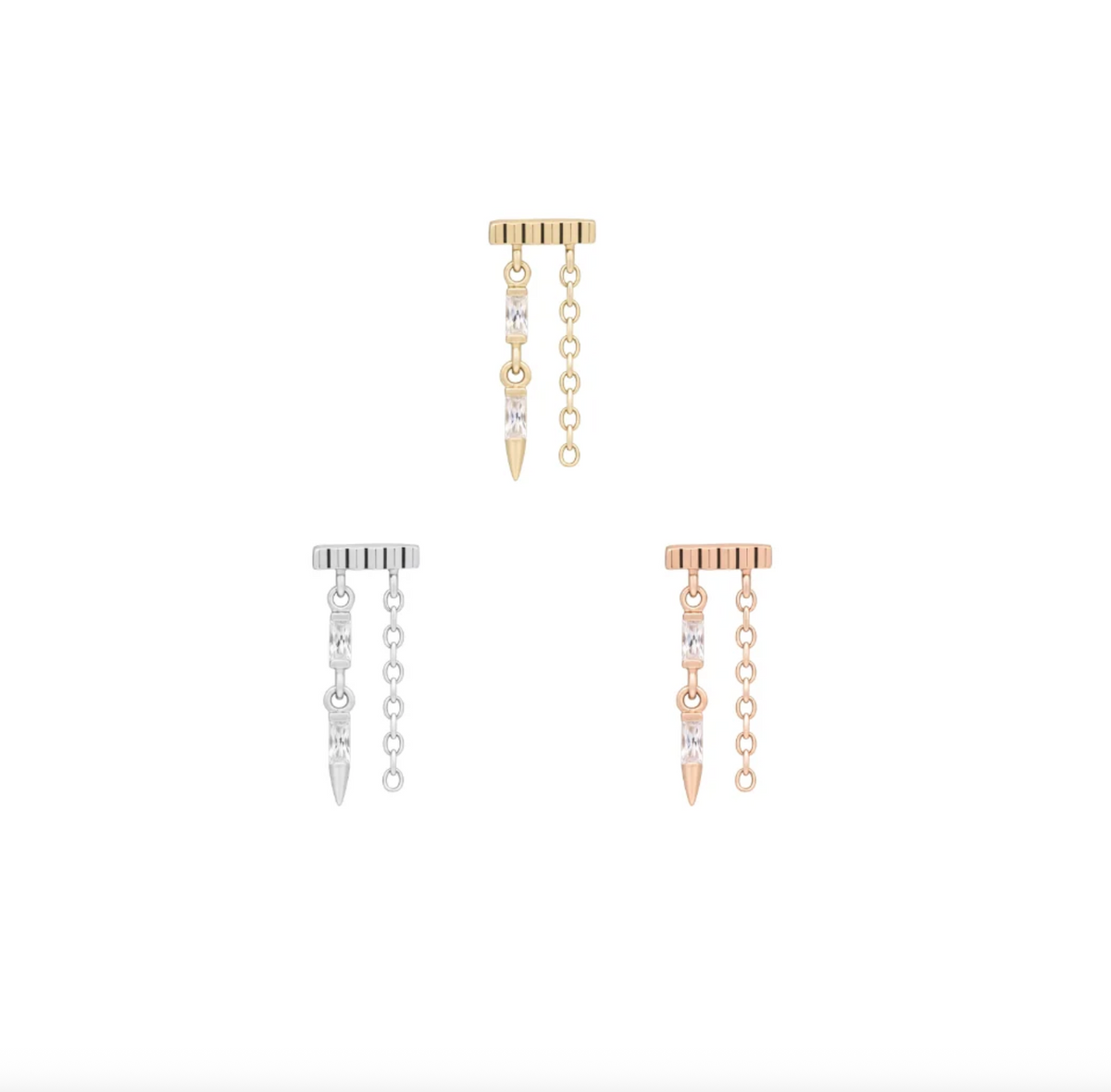 Stock image of Buddha Jewelry’s “Double Vision” in 14k yellow and rose gold, featuring ribbed bars and crystal-lined spike drops accented with side chains.