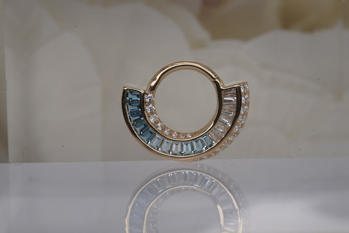 Photo of Buddha Jewelry 14k Gold 16g 5/16" "Echelon" Clicker with London Blue Topaz and Crystals in Yellow Gold