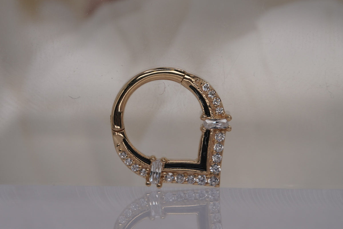 Buddha Jewelry 14k gold "Uprise" clicker in 16g 5/16" with White Crystals in yellow gold daith septum piercing