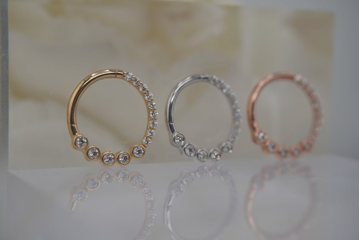 Ember 14k "Front Row" 16g 3/8" Clicker crystals in Yellow gold white gold rose gold daith septum piercing