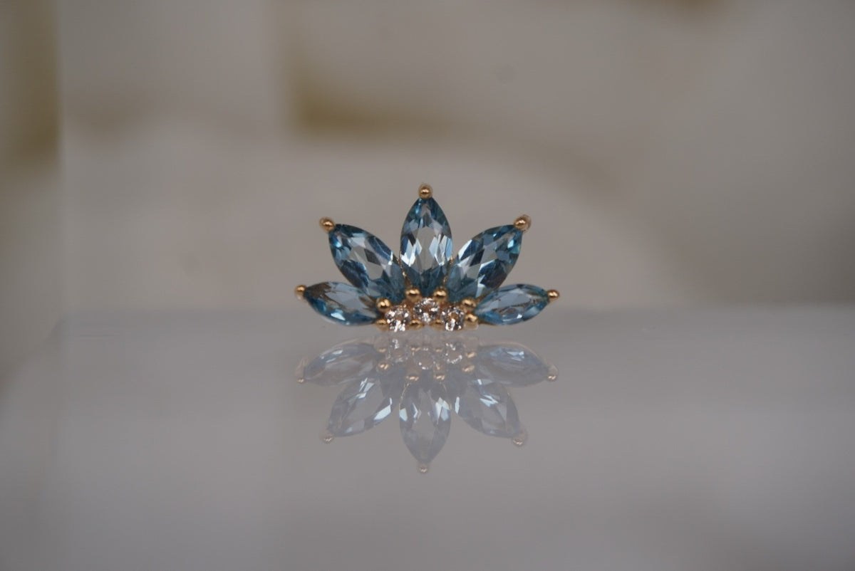 Buddha Jewelry Organics 14k 5.8x10mm "Valentina" with London Blue Topaz and Crystals. THREADLESS in yellow gold