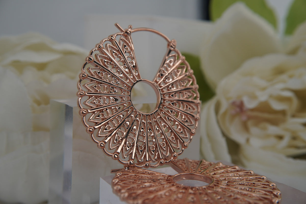Maya Jewelry 14k"Cloak"  hand forged pair of rose gold plated earrings front and side view
