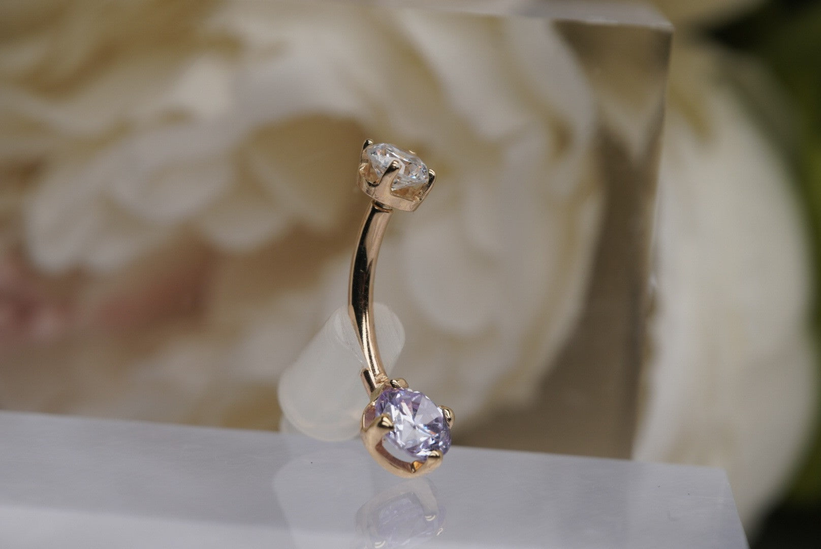 Prong Navel with White and Lavender Crystals in Yellow Gold 14g 3/8"