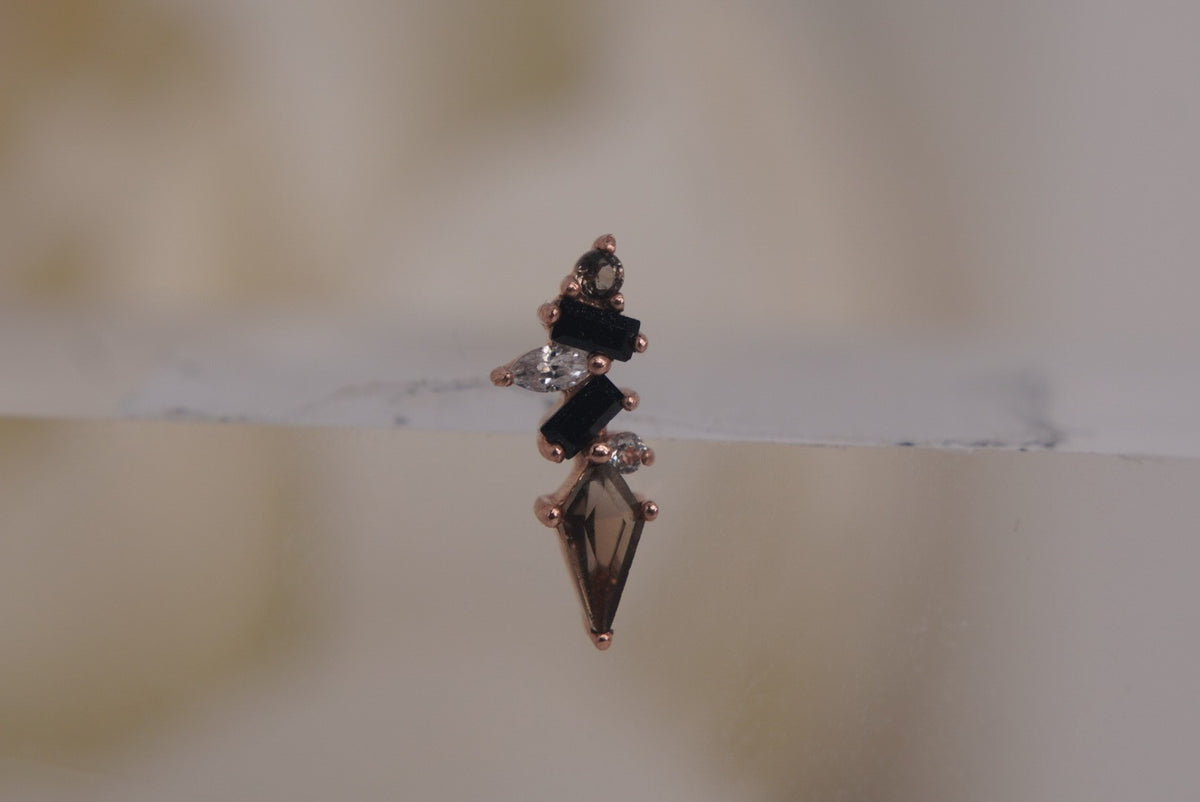 Buddha Jewelry Organics 14k 3.5x9.5mm "Mixt" with Smokey Quartz and Black Spinel. THREADLESS in rose gold