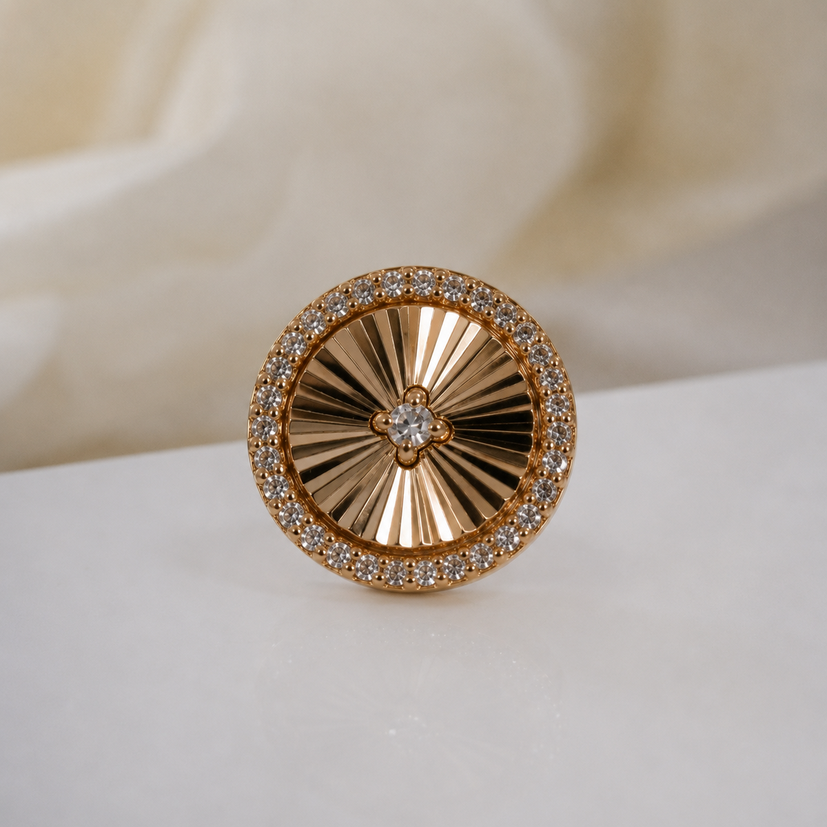 Front view of the 14k yellow gold Ascend threadless end with a genuine diamond halo.