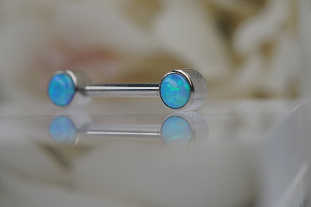 Sky Blue Opal Bezel Nipple Barbell in 14g