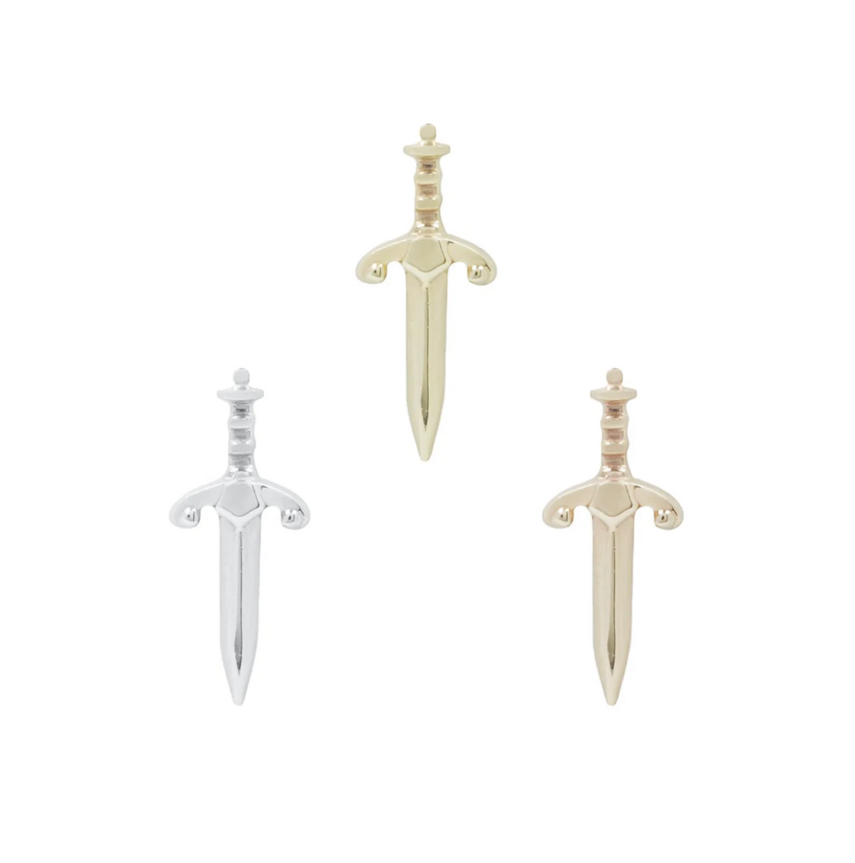 Stock image of Buddha Jewelry’s “Blade” in 14k yellow, white, and rose gold, featuring sleek sword designs with polished surfaces.