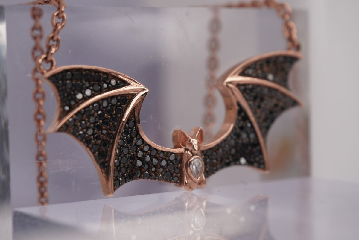 Sid the Bat Necklace with Genuine Black and White Diamonds Rose Gold to Show Detail